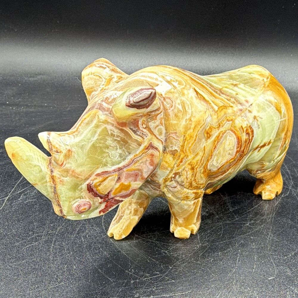 Polished Multicolor Stone Rhino Rhinoceros Carving Figurine - Green Brown 6 in
